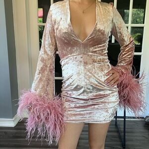 Gold and Pink Ruched Bodycon Dress with Bell Sleeves